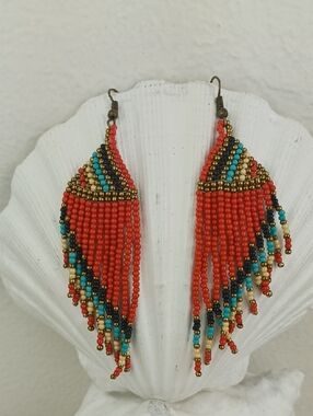 Red Turquoise Black Yellow & Gold Bead Dynamite Tribal Vibe Fringe Earrings